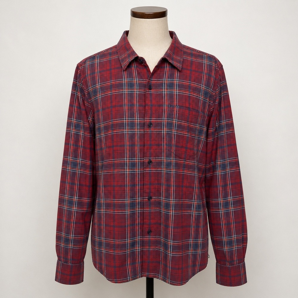 Toad&Co Paulsen LS Shirt Mens Medium Red Navy‎ Plaid Organic Cotton Button Up